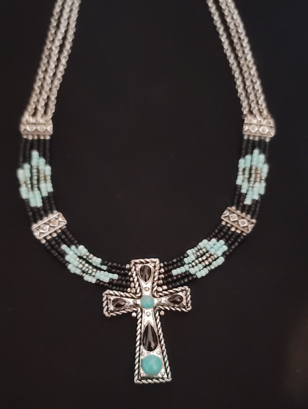 Silver Cross Pendant Necklace with Faux Turquoise Beads
